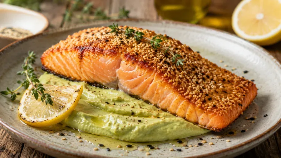 Salmone al forno con crosta di sesamo e crema di avocado