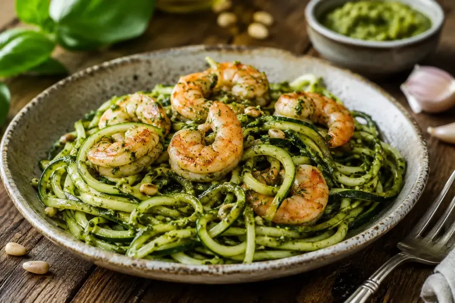 Zucchine alla julienne con gamberi e pesto
