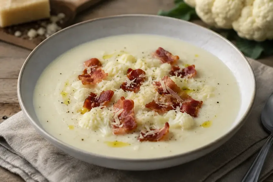 Zuppa cremosa di cavolfiore, pancetta e parmigiano